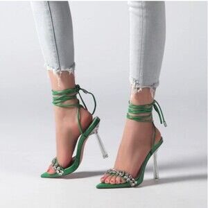 vivianly Rhinestone Lace Up Clear Heel Stilettos Size 9.5 NWT